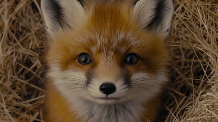Obraz premium Captivating Portrait of a Young Red Fox Cub Nestled Comfortably Among Dry Grass and Straw Close Up View