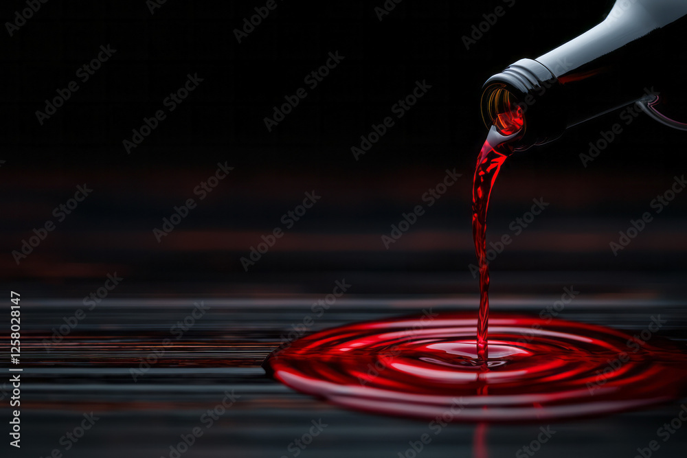 Poster a neat arrangement featuring a bottle tilted above a glass, a ribbon of red liquid creating elegant