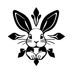 A black and white image of a bunny against a white backdrop, surrounded by a floral arrangement. The image features a minimalist and cartoonish style.