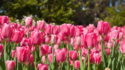 Obraz premium Field of pink tulips in full bloom under bright sunlight