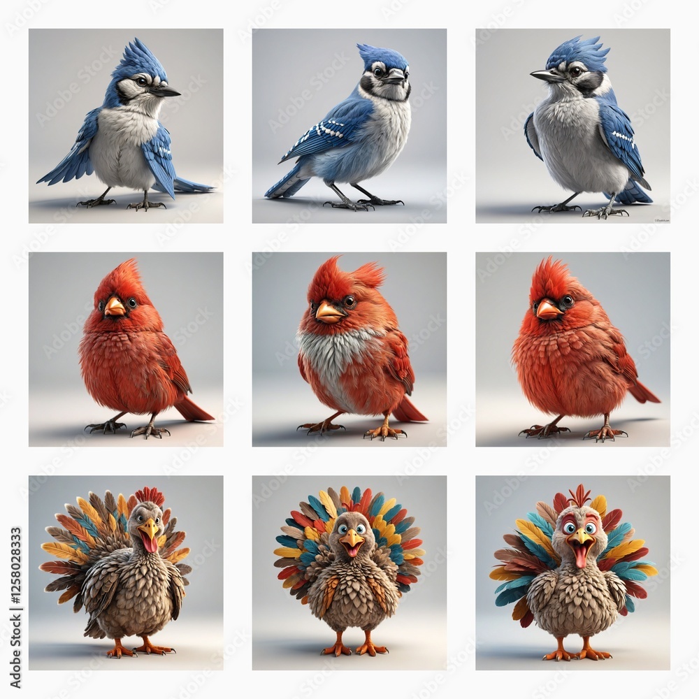 Poster Cute 3D bird models displayed in a grid format, showcasing various avian species with soft, rounded, and cartoonish digital renderings.