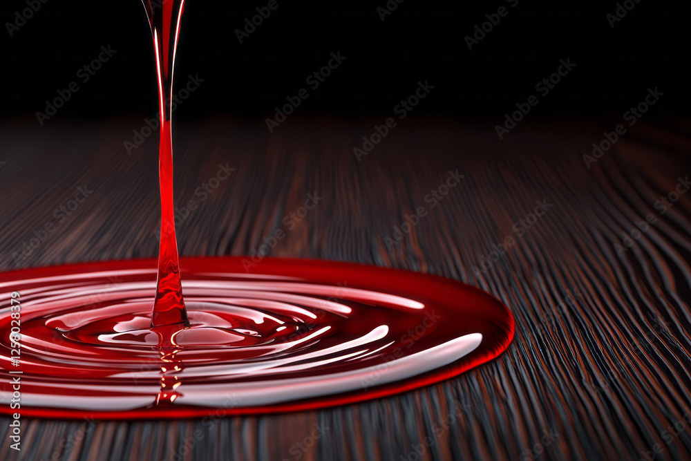 Poster a refined pour of burgundy wine descending in a thin arc, the final drops creating tiny splashes