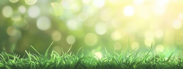 Obraz premium Beautiful blurred background of spring nature on a sunny day with bokeh, green grass, and sun flare.