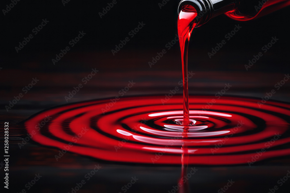 Poster a neat arrangement featuring a bottle tilted above a glass, a ribbon of red liquid creating elegant