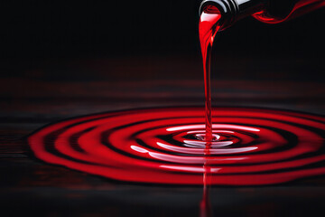 A neat arrangement featuring a bottle tilted above a glass, a ribbon of red liquid creating elegant