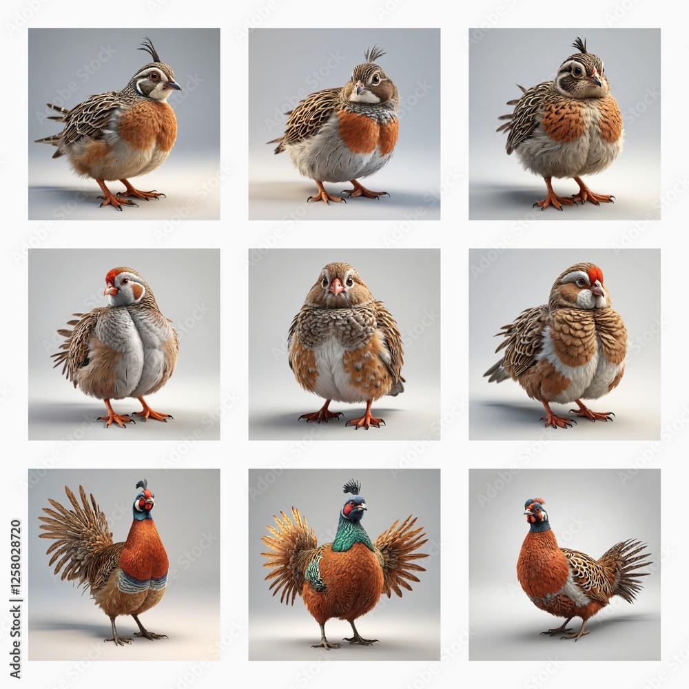 Poster nine cute 3d bird models are showcased. these adorable avian figures have detailed feathers and are 