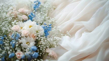 Fototapeta premium Flowing tulle wedding dress paired with romantic bridal bouquet combining eucalyptus, blue delphinium, pink berries, and baby's breath creates ethereal garden-style floral arrangement.
