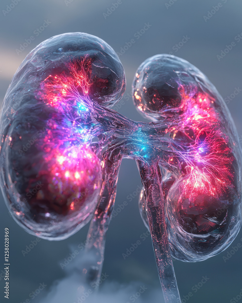 Poster a radiating kidney pair with a cybernetic look, each organ pulsating in alternating hues of red and
