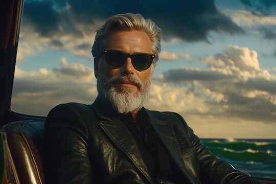 Stylish mature man wearing sunglasses and enjoying a ride in a vintage car