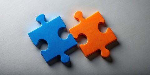 Fototapeta premium Connected Puzzle Pieces: Blue and Orange Jigsaw, Teamwork, Solution, Problem Solving, Abstract Concept