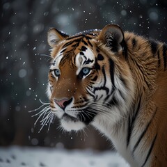 Fototapeta premium Portrait of a Siberian tiger in the snow with striking orange and black stripes in the wild