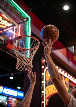 Player making a shot in basketball arcade game with colorful lights and exciting atmosphere