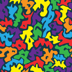 
seamless pattern of abstract shapes.  Each figure has a different color - the colors of the rainbow. feeling of depth and volume. The background is dark, the effect is chaotic and dynamic composition