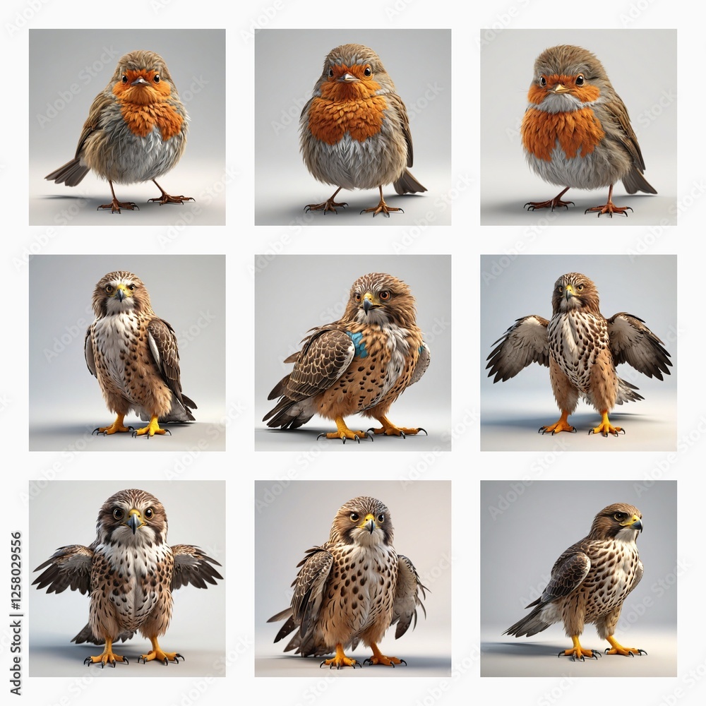 Poster a grid of cute 3d bird models are displayed. some birds are fluffy with orange breasts, and others a