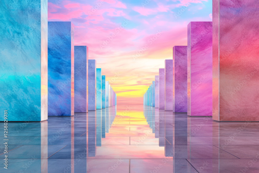 Poster A cinematic scene of glossy cube columns on either side of a reflective floor, converging toward a