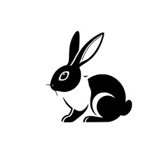 A stark black and white illustration of a rabbit in profile, set against a white background.
