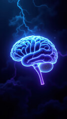 An artistic representation of artificial intelligence with a human-like brain floating on a cloud background.