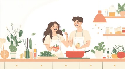 A couple laughing together while cooking in a bright, modern kitchen, surrounded by fresh ingredients, on a solid white background.