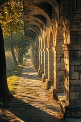 the Istanbul stone aqueduct, with the sunlight filtering through its arches, casting shadows that add depth and texture to the scene