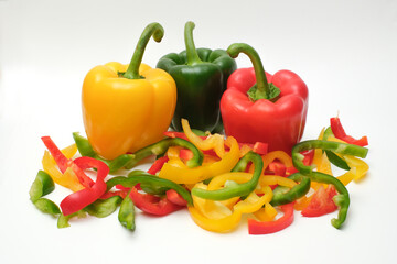 Pepper cut into strips on white background