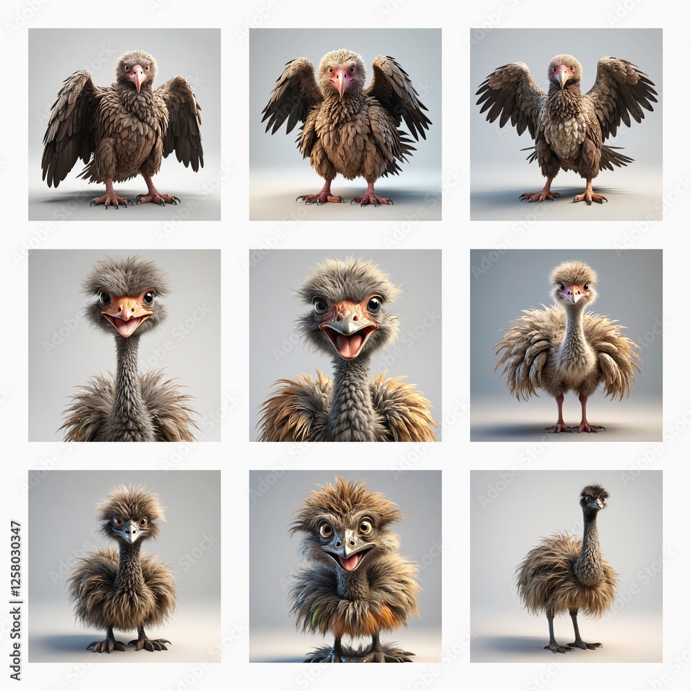 Aufkleber Cute 3D bird models showcase various poses. Different bird types are rendered with fluffy feathers in a studio setting. Avian creatures display unique features.