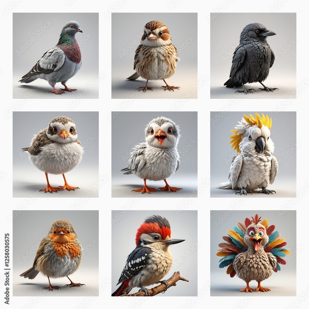 Poster cute 3d bird models showcasing diverse avian species in a 3x3 grid. each bird is depicted in a uniqu