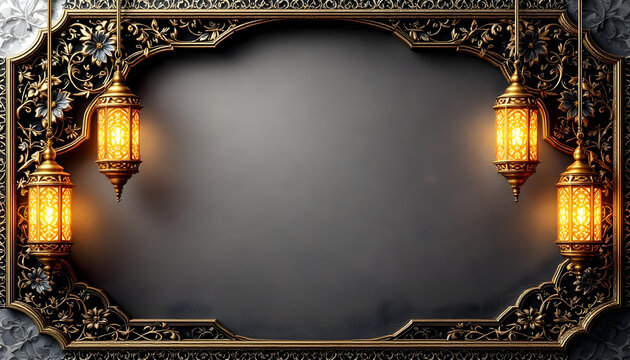 A beautifully designed Ramadan Kareem invitation card with a dark green background, glowing golden lanterns, and symmetrical floral motifs. The central blank space allows for inserting quotes, prayers