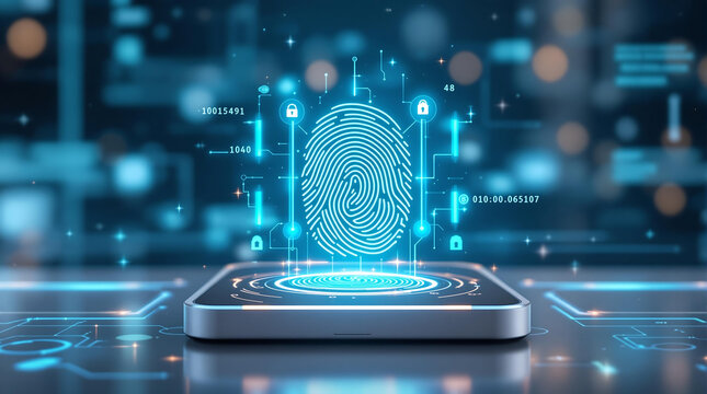 Digital fingerprint authentication on a futuristic device, biometric security access, identity verification with holographic scanning