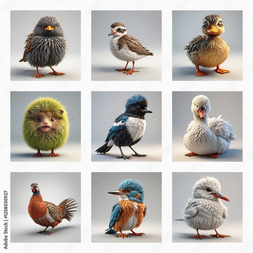 Poster charming 3d bird models are showcased in a grid. these cute avian figures exhibit diverse plumage an