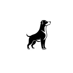Silhouette of a dog with a curved design and a contrasting color scheme, on a white background, in a minimalist style.
