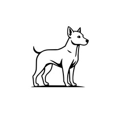 Stylized black and white dog illustration, showing a dog in full profile, clean lines and minimalist style, on a white background.