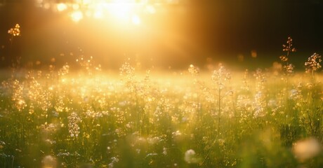 Sunrise spilling golden light over a meadow, symbolizing joy unfolding with a new day, captured in bright, colorful light, evoking warmth, hope, and a fresh start