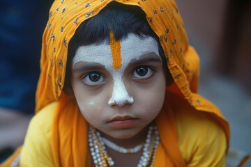 Traditional Indian attire worn by a child participating in a religious or cultural celebration, showcasing the symbolic face painting and intricate garments.