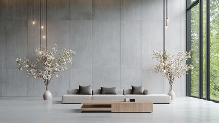 Minimalist living room design, concrete wall, cherry blossoms, large window, tranquil space