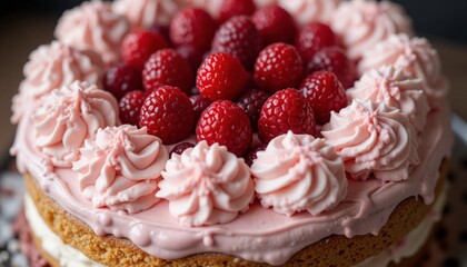 A pink cake with raspberries on top