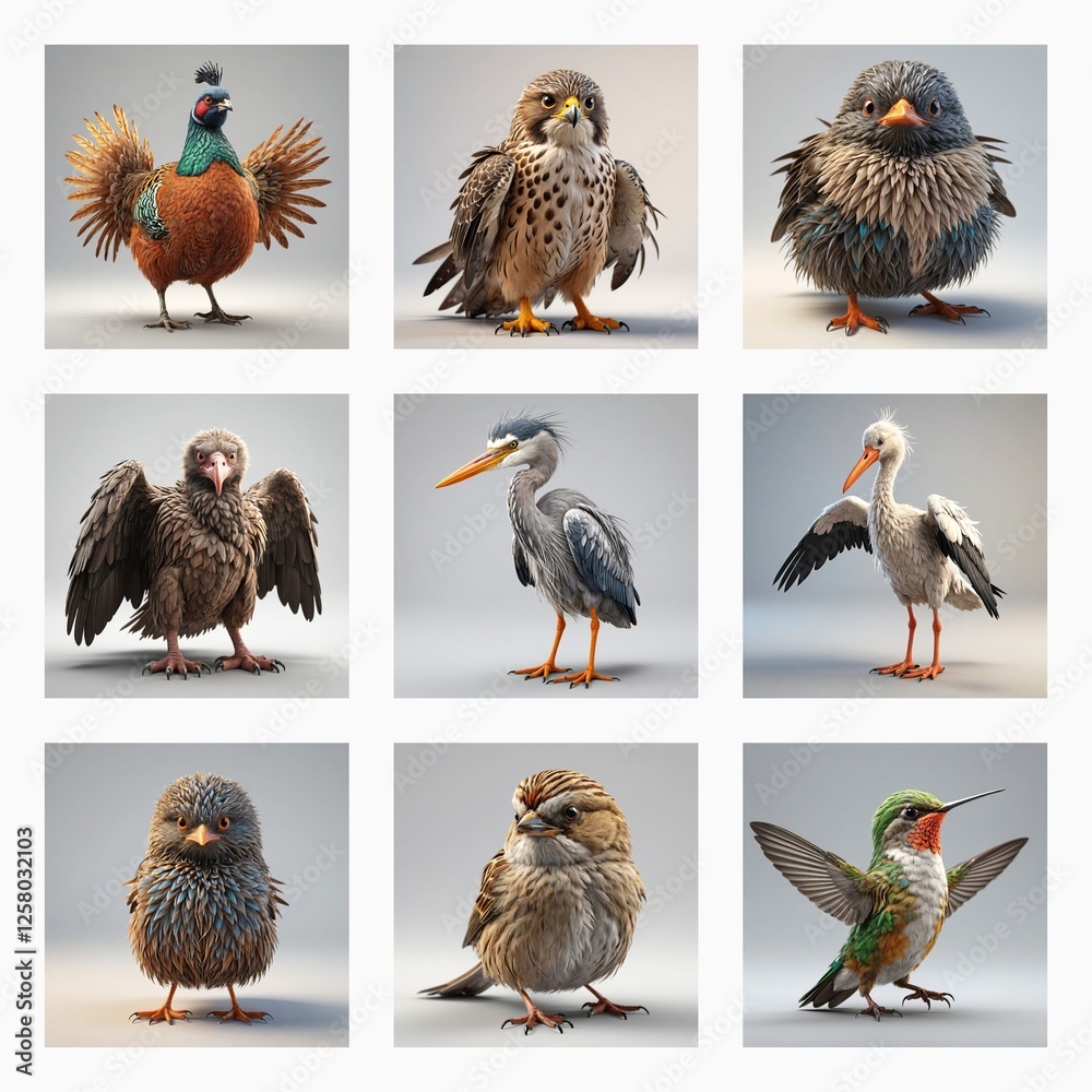 Poster Nine cute 3D bird models are showcased in a grid. Various species are depicted in a simple studio setting, each with unique plumage and poses.