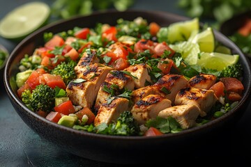 Fresh Grilled Chicken Salad with Vegetables and Lime Garnish for Healthy Eating