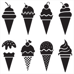 set of black vector various CONE ICE CREAM silhouette	