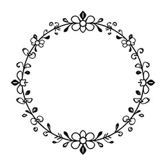 Elegant circular floral wreath frame, monochrome drawing, minimalist, botanical illustration, empty circle, wreath, flowers, decorative frame