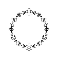 Elegant floral wreath in black and white, depicting a circle of daisy-like flowers and foliage.