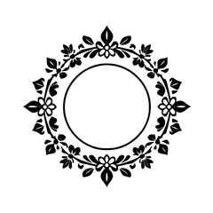 Black floral wreath-like round floral frame, decorative design on white.