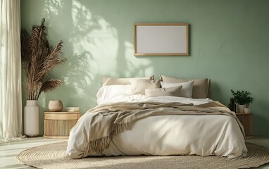 Serene bedroom, sunlit, minimalist decor, calm background, interior design