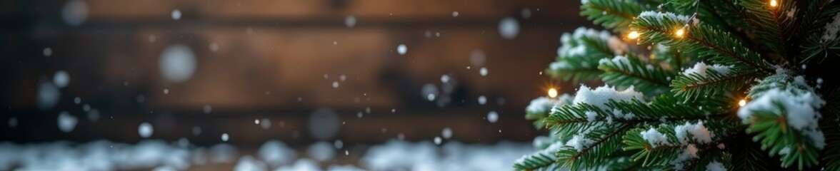 Snowflakes gently fall on a Christmas tree against a wooden background, Christmas tree, wood, snow