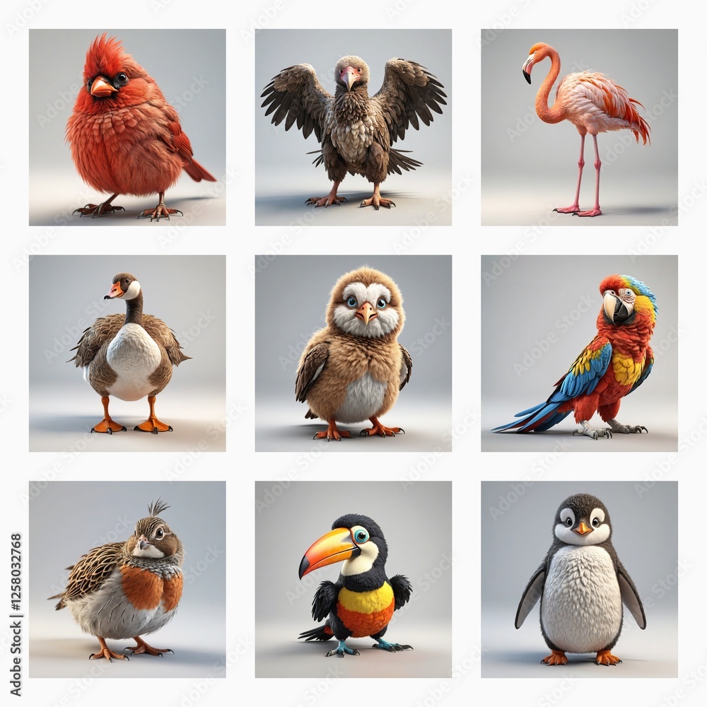 Poster Cute 3D bird models present a diverse collection of avian species. Each rendered image showcases vibrant colors and unique bird characteristics.