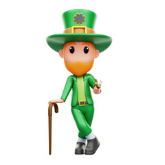 Man With ST Patrick's Outfit With Smoke Pipe & Stick 3D Illustration Isolated Transparent Background