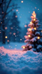 Snowflakes gently fall on a frosty landscape illuminated by twinkling lights, twinkling lights, winter wonderland