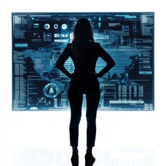Silhouette of a woman analyzing data on screen.