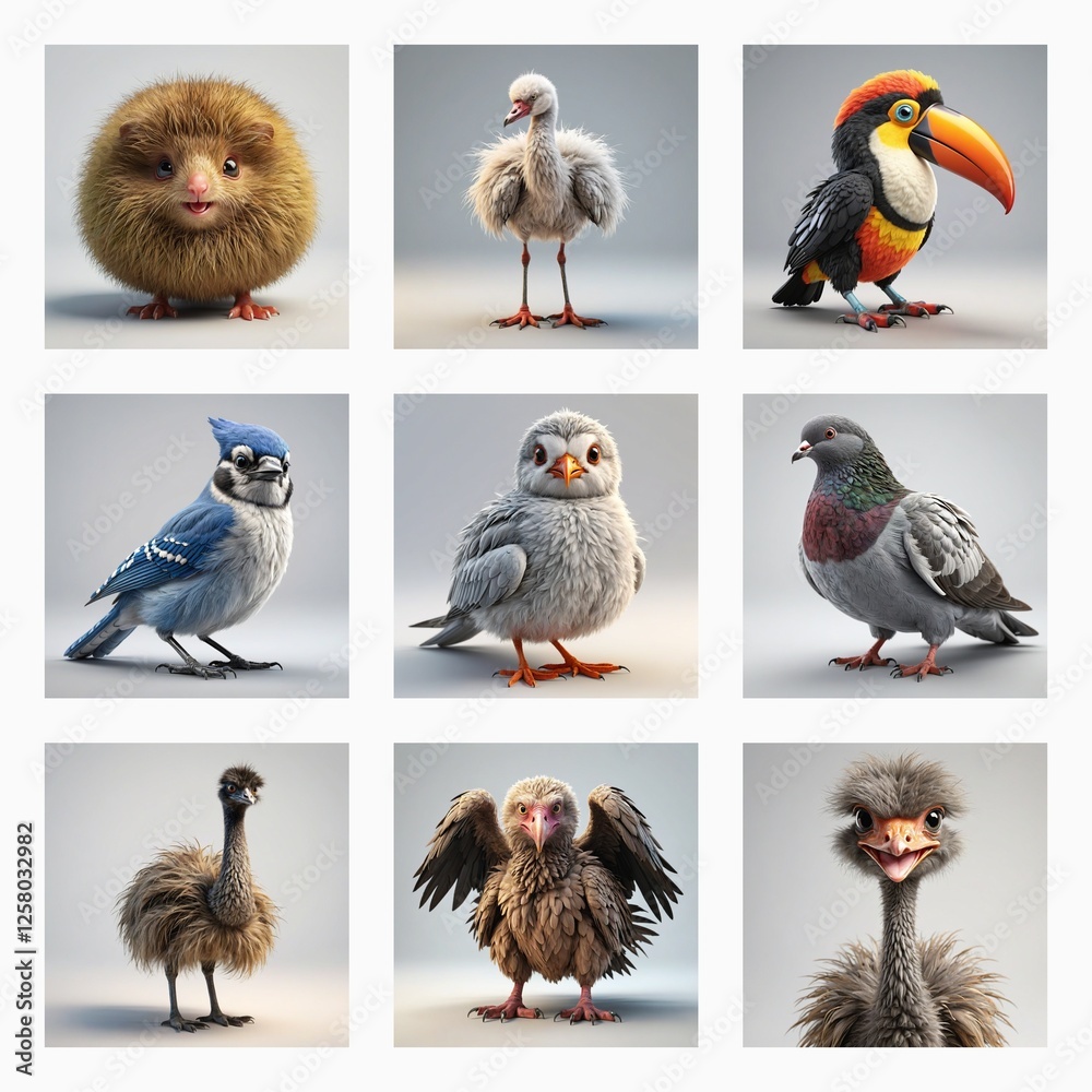 Poster Nine cute 3D bird models are showcased. Each avian creature is unique and rendered with soft, fluffy textures against a plain backdrop.