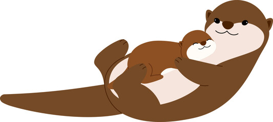 Cute mama otter raise baby otter illustration
