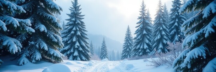 Snowflakes gently fall on towering evergreens, snow-covered trees, Frosty forest landscape, serene